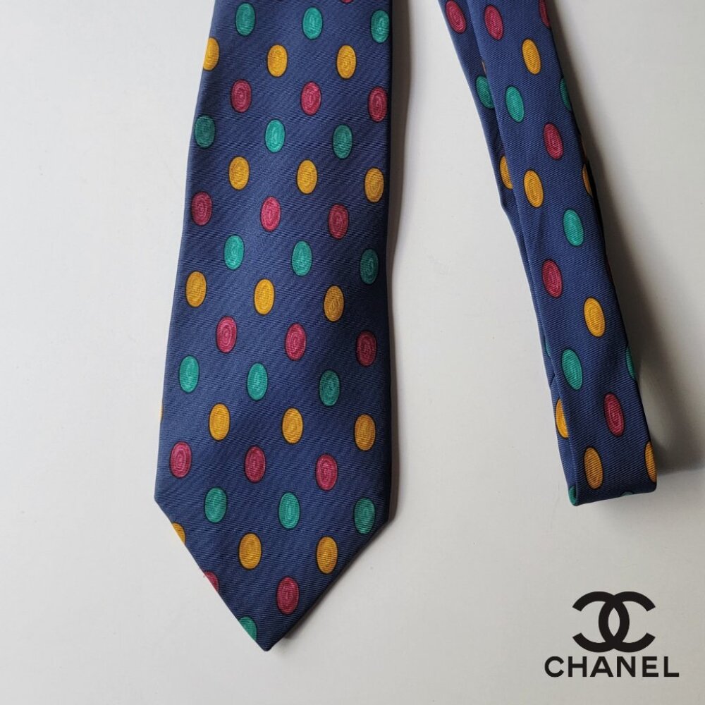 CHANEL Men's Vintage Tie 100% Silk Made in Italy Blue with Dot Pattern Authentic